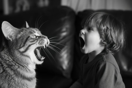 The child is in front of the cat. A child and a cat are yelling at each other. Angry child and cat.の素材