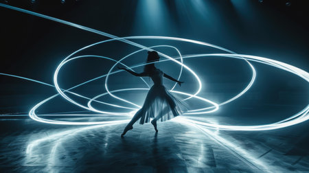 The girl is dancing in the neon light. A dancer on stage.の素材