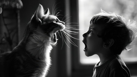 The child is in front of the cat. A child and a cat are yelling at each other. Angry child and cat.の素材