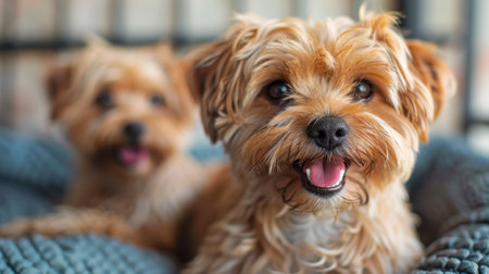 The dog is resting on the couch in the living room. A cute doggie is lying on a chair.の素材