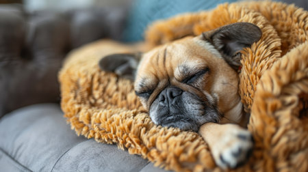 The dog is resting on the couch in the living room. A cute doggie is lying on a chair.の素材