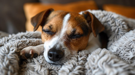 The dog is resting on the couch in the living room. A cute doggie is lying on a chair.の素材