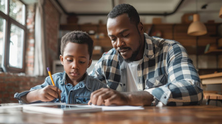 Dad and son do their homework sitting at the table at home. The concept of preschool education.の素材