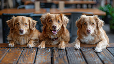 Three dogs of different breeds are sitting at home and looking at the camera. Happy pets at home.の素材