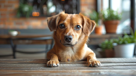 A cute dog is sitting at the kitchen table. A pet is preparing for dinner at the table.の素材