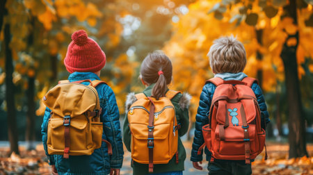 A group of students with backpacks go to school together for classes.の素材