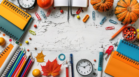 school supplies on the table. Preparing for school. School supplies. Place for the description.の素材