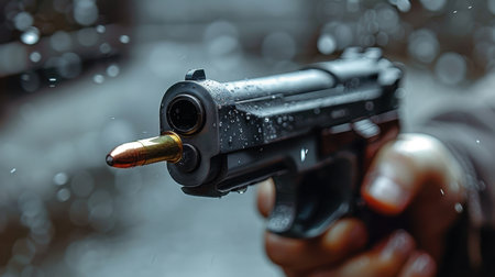 A handgun with a flying bullet. A hand holding a gun on a blurry background.の素材