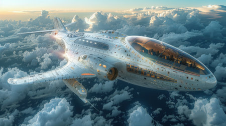 Futuristic airplane flying above the clouds. for science fiction or military aviation backgrounds.の素材