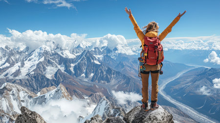 A happy man with his hands up on top of a snow-covered mountain. Climbing high snow-capped mountains.の素材