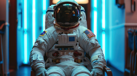 An astronaut in a spacesuit Sits in a room with neon lighting.の素材