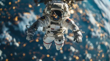 astronaut in outer space on the background of planet earth. Astronaut in a spacesuit in space.の素材