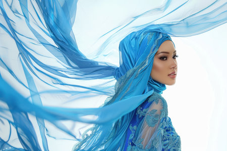 Portrait of a beautiful Asian female model dressed in a blue dress and hijab, standing out against a white background.の素材