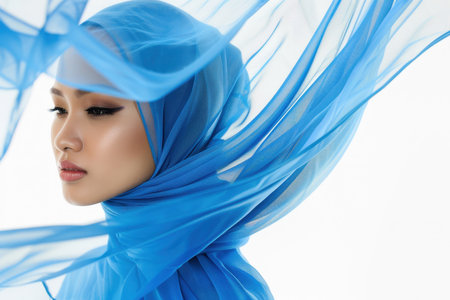 Portrait of a beautiful Asian female model dressed in a blue dress and hijab, standing out against a white background.の素材