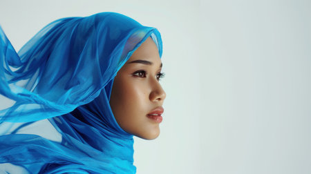 Portrait of a beautiful Asian female model dressed in a blue dress and hijab, standing out against a white background.の素材