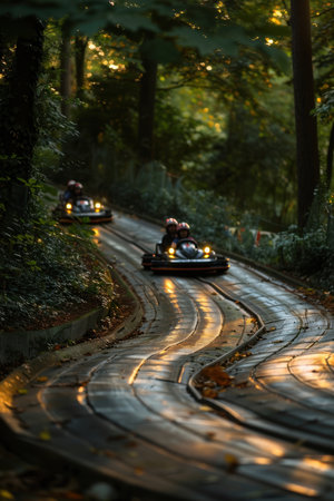 Helmeted racers race karts on an open track, feeling pleasure and excitement.の素材