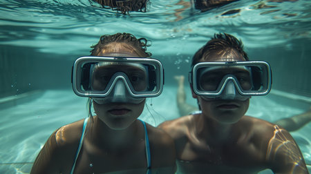 Underwater view of a guy and a girl with glasses looking at the camera, swimming in the blue water of the pool.の素材
