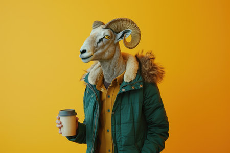 A man with a ram's head in a green jacket with a cup of coffee in his hand on a yellow background.の素材