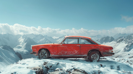 A red retro car stands on top of a snow-covered mountain.の素材