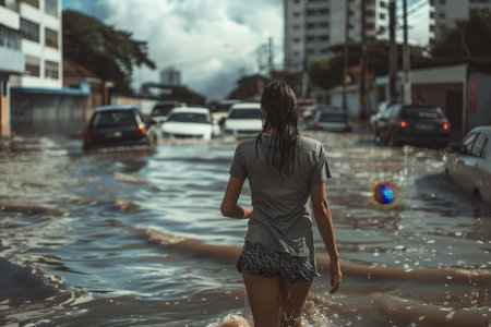 A girl in a T-shirt walks through a flooded city. Heavy rain flooded the streets of the city.の素材