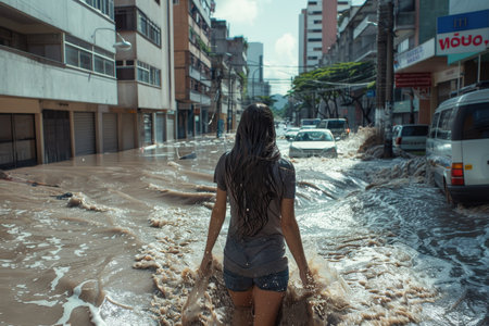 A girl in a T-shirt walks through a flooded city. Heavy rain flooded the streets of the city.の素材