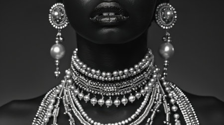 A close-up portrait of an African beauty in luxurious diamond jewelry. Close-up of a luxurious African model with jewelry on a black background.の素材