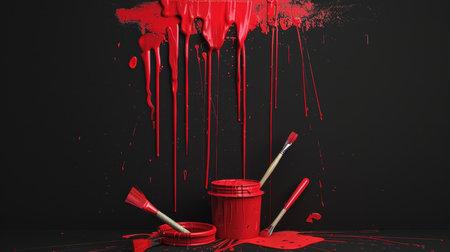 The red paint is painted on a black background and the brushes are in a jar.の素材