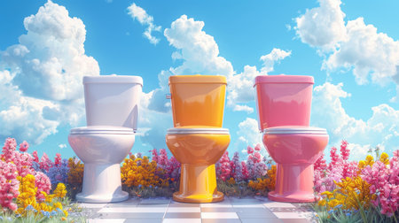 Lots of colorful toilets in a toilet. Illustration.の素材
