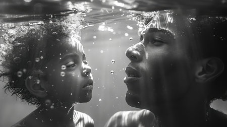 Son and father swim underwater.の素材