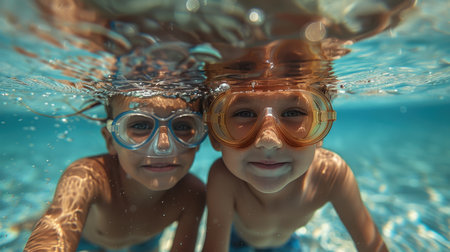 Two kids swim underwater and pose for the camera.の素材