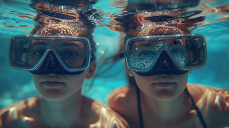 A couple wearing underwater goggles refreshes underwater on vacation. Diving.の素材