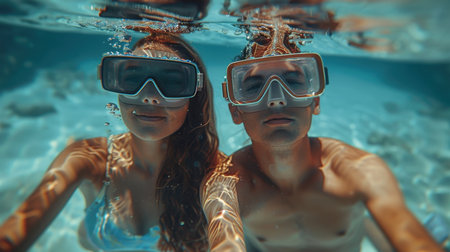A couple wearing underwater goggles refreshes underwater on vacation. Diving.の素材