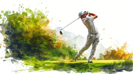 A golfer hits a ball on a green golf course. Illustration.の素材