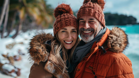 Portrait of a happy couple in love on the autumn coast.の素材