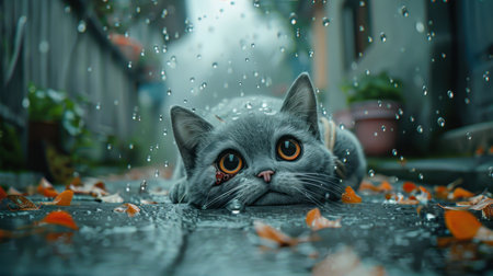 A wet cat in the city during a rainstorm.の素材