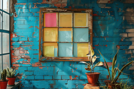 Colorful Stickers for notes on the window frame in the building.の素材