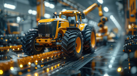 Production of tractors. Assembly line at the factory of agricultural machinery. The finished tractor leaves the conveyor belt.の素材