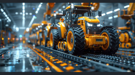 Production of tractors. Assembly line at the factory of agricultural machinery. The finished tractor leaves the conveyor belt.の素材