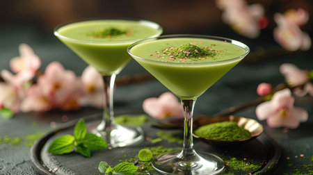 There are two green non-alcoholic cocktails with the taste of green apple on the bar.の素材