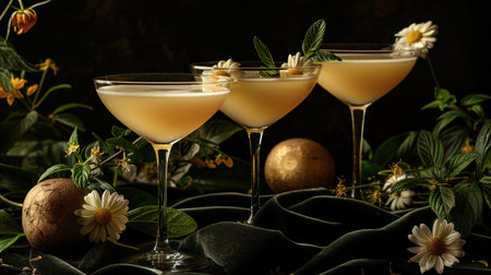 Colorful fruit cocktails with gin and tonic on a black background.の素材