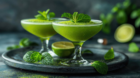 There are two green non-alcoholic cocktails with the taste of green apple on the bar.の素材