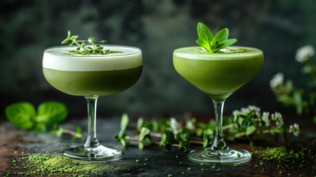 There are two green non-alcoholic cocktails with the taste of green apple on the bar.の素材