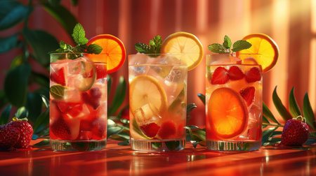 Cocktails with various fruits on the table. Fruit cocktail in the assortment.の素材