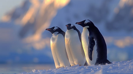 A group of Penguins in Antarctica , surrounded by snow and ice.の素材