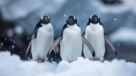 A group of Penguins in Antarctica , surrounded by snow and ice.の素材