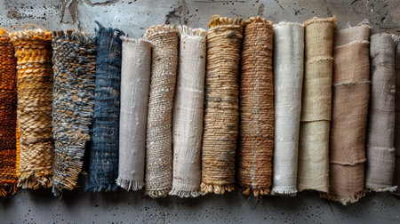 Rolls of fabrics of different textures and colors. Natural fabric made of organic linen and cotton in rolls, handmade homespun textiles.の素材