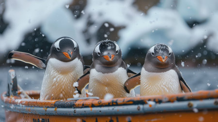 Three happy penguins on a boat sailing across Antarctica.の素材
