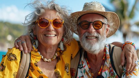 Portrait of Happy elderly couple in Hawaiian shirts and hats spending time on vacation . Concepts about love, old age and elderly people.の素材