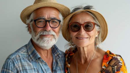 Portrait of happy elderly couple wearing Hawaiian shirts and hats on white background. Concepts about love, old age and elderly people.の素材