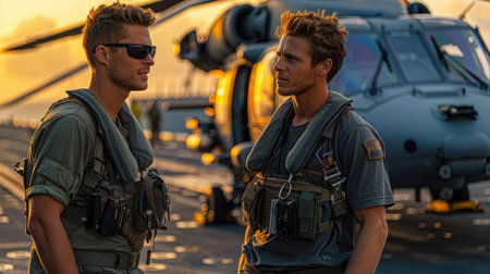 Two pilots are discussing a flight plan against the background of a helicopter. The helicopter is on the aircraft carrier.の素材